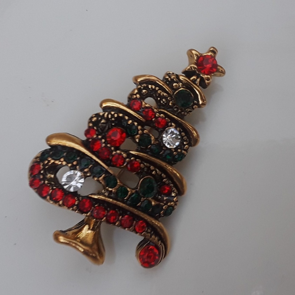 X-mas Tree Rhinestone, Gold, Pin - Picture 3 of 4